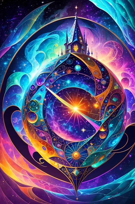 multicolor multidimensional astral ethereal space nebulae, medieval magic arcane enchanted village ""biopunk ovni in clound, cyb...