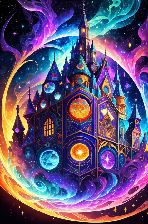 multicolor multidimensional astral ethereal space nebulae, medieval magic arcane enchanted village ""biopunk ovni in clound, cyb...