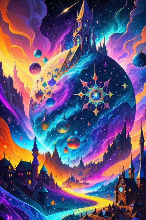 multicolor multidimensional astral ethereal space nebulae, medieval magic arcane enchanted village ""biopunk ovni in clound, cyb...