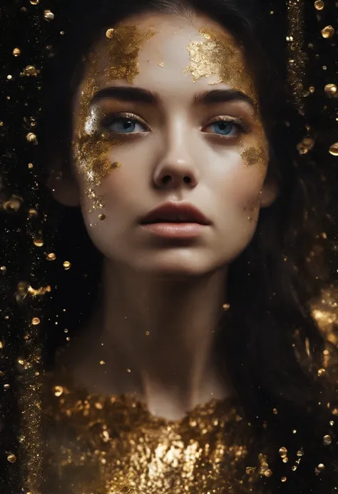 close-up of a young woman wearing a black dress and gold liquid, liquid gold with porpurine, shiny, pretty face, detailed eyes, soft lips, floating in outer space and planets in the background, fluid, wet, dripping, waxy, smooth, realistic , octane renderi...