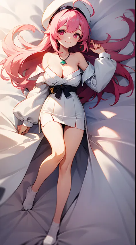 1 girl, game CG, white clothes, cleavage visible, shoulders visible, white short skirt, small white beret, neck jewel pendant, gigantic breasts, pink hair, long hair, straight hair, ahoge, pink eyes, smile, dakimakura, fullbody,