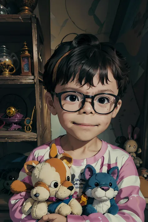 Crie um retrato em close ilustrado encantador no estilo extravagante do Studio Ghibli. They depict a happy 3-year-old boy wearing glasses and dressed in cozy pajamas adorned with adorable animal prints. The portrait is in close-up of the face showing half ...