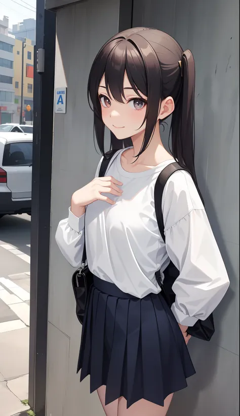 1girl in、AS-Adult、A smile、（Tsundere）、The shirt、skirt by the、（small tits）Chilarism、Upper body portrait、Walking with a thigh、