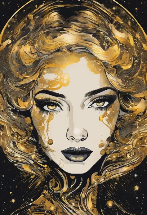 close-up of a young woman wearing a black dress and gold liquid, liquid gold with porpurine, shiny, pretty face, detailed eyes, soft lips, floating in outer space and planets in the background, fluid, wet, dripping, waxy, smooth, realistic , octane renderi...