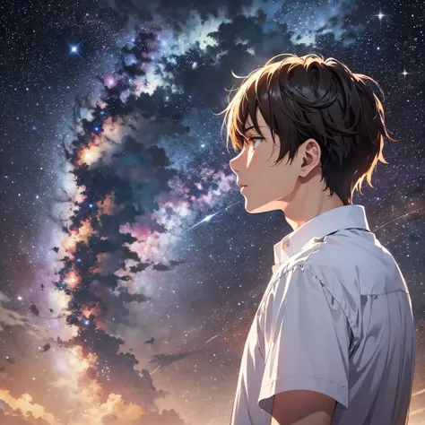 stars, milky way, clouds, anime key visual, deep color, complex, 8k resolution concept art, natural light, beautiful composition, Makoto Shinkai, light play, colorful, star gazer, white shirt, 1 young man, seen from above.