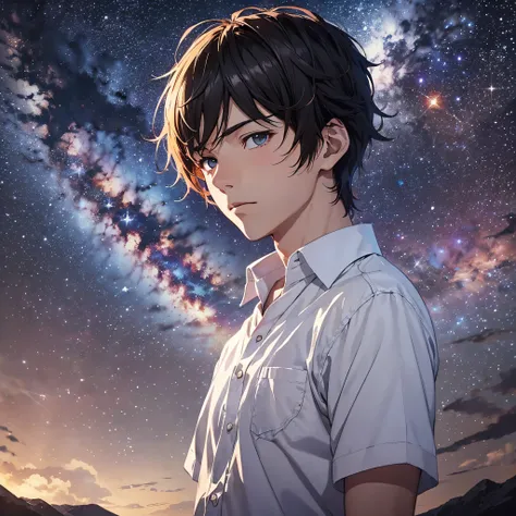 stars, milky way, clouds, anime key visual, deep color, complex, 8k resolution concept art, natural light, beautiful composition, Makoto Shinkai, light play, colorful, star gazer, white shirt, 1 young man, seen from above.