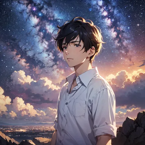 stars, milky way, clouds, anime key visual, deep color, complex, 8k resolution concept art, natural light, beautiful composition, Makoto Shinkai, light play, colorful, star gazer, white shirt, 1 young man, seen from above.