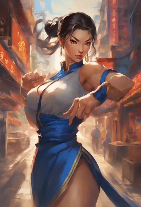 In a quiet street of a bustling city, Chun-li stands tall, her strong and graceful figure radiating confidence. She is adorned in her iconic blue qipao with golden accents, representing her status as a capable fighter. Her deep brown eyes sparkle with dete...