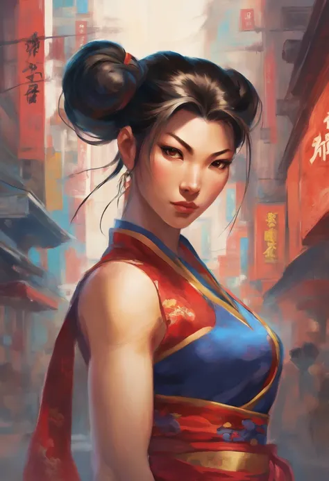 In a quiet street of a bustling city, Chun-li stands tall, her strong and graceful figure radiating confidence. She is adorned in her iconic blue qipao with golden accents, representing her status as a capable fighter. Her deep brown eyes sparkle with dete...