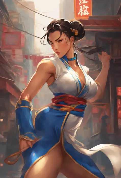 In a quiet street of a bustling city, Chun-li stands tall, her strong and graceful figure radiating confidence. She is adorned in her iconic blue qipao with golden accents, representing her status as a capable fighter. Her deep brown eyes sparkle with dete...