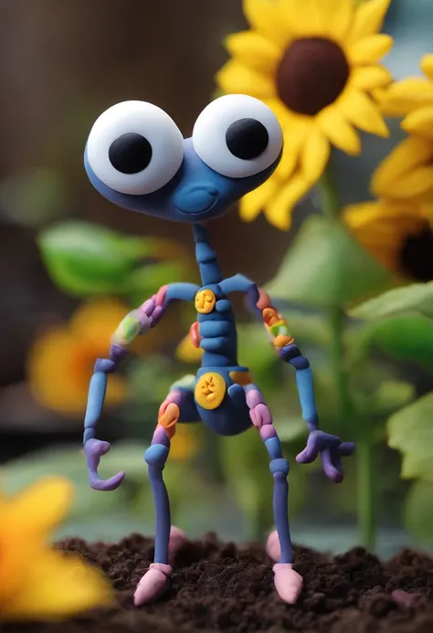 A sympathetic ant standing, The garden is full of sunflowers, material de argila, estilo de design cartunesco, POP Mart, soft lighting, linhas suaves, Lentes Tilt-Shift, detailed science fiction illustrations, Detalhes hiper-realistas, cor quente