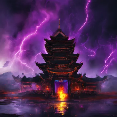 In heavy rain，（（A huge castle complex of ancient square-topped stones burning in the fire））The picture quality is excellent，Lightning，Yellow light fog，电影灯光，Natural, realistic colors，Full composition，The style refers to Van Gogh，Subject content，Burning wood...