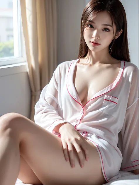 Surreal 8K CG，perfect faces，Impeccable perfection，ren，tmasterpiece，professional artwork，famous artwork，Innocent 14-year-old girl、((Wear ultra-thin cotton pajamas))、Wear small panties、Sitting in the room、A Smile、Raw foto, (8K、Top  Quality、​masterpiece:1.2)、...