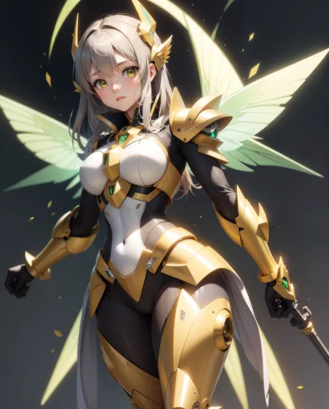 fairy, yellow mecha wings, bronze and silver mecha armor with green orbs, masterpiece, best quality