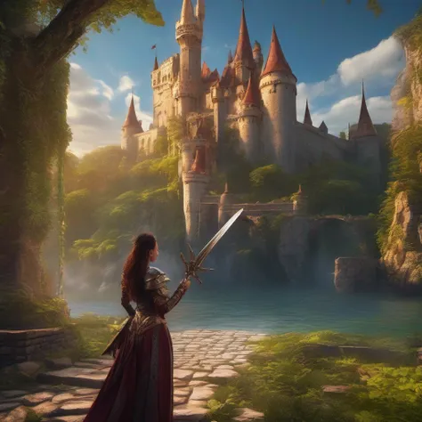 a woman in a fantasy setting with a sword and a castle, detailed digital 2d fantasy art, 4k fantasy art, high quality fantasy art, 2. 5 d cgi anime fantasy artwork, detailed fantasy art, digital 2d fantasy art, hd fantasy art, fantasy game art, 8k fantasy ...