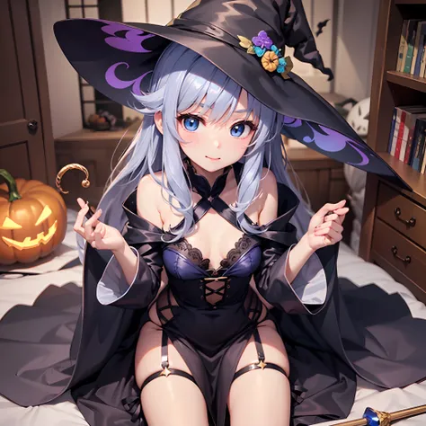 8K分辨率、One girl in witch cosplay、witchs robe、witchs hat、Sorcerers Wand、Long gray hair、Blue eyes、chiquita、candy、Halloween、tiny girl、Room、cute little、sano、innocence、Japanese anime、Bad human body structure