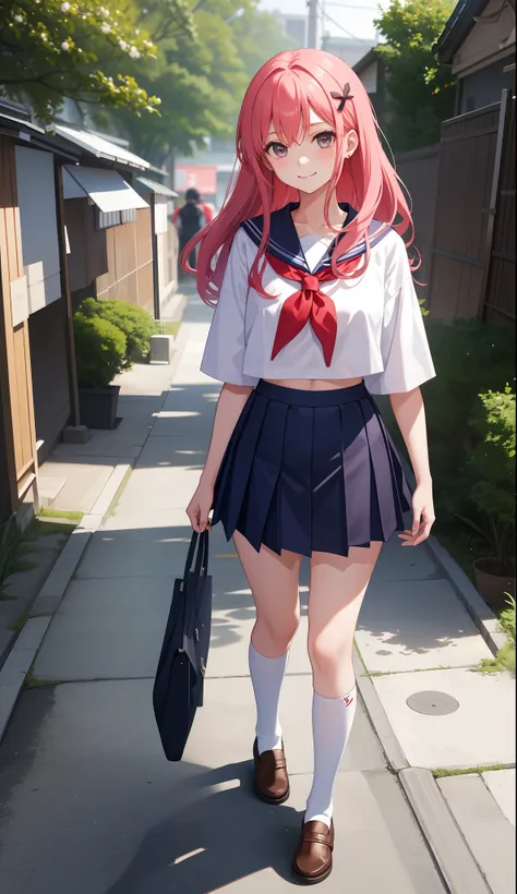 1girl in、AS-Adult、A smile、（Tsundere）、The shirt、skirt by the、（small tits）Chilarism、Japan High School Student Uniform、serafuku、summer clothing、（Sheer Bra）、Upper body portrait、Walking with a thigh、