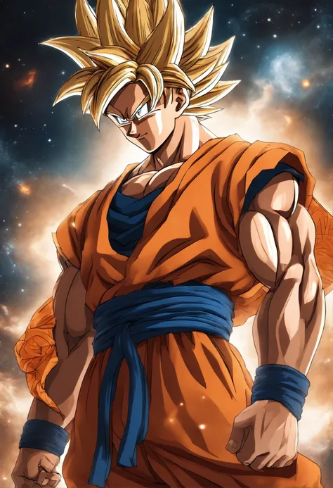 um personagem masculino, goku, imagem celestial, detalhes intricados, realista, fundo angelical, Imagem ilustrativa divina de goku de dragon ball, MALE character, Goku is wearing his orange trino kimono, cosmic background, Lighting in the gokue in the back...