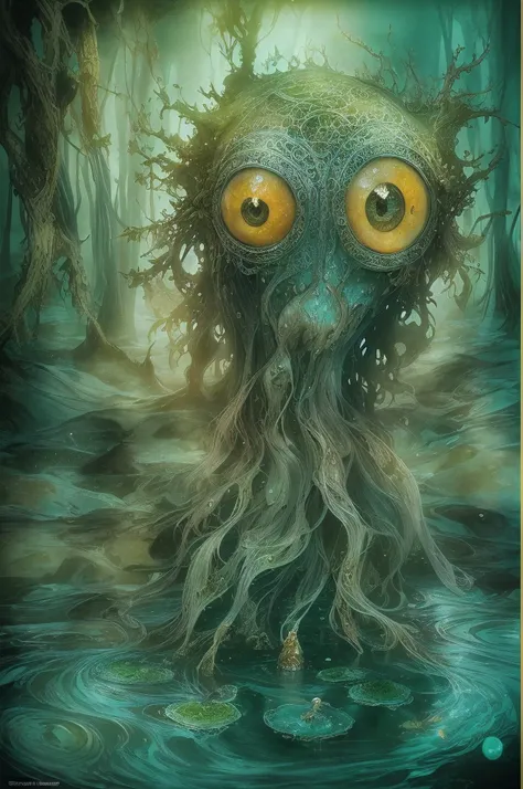 Magic realism, splash art alcohol ink, anthropomorphic swamp spirit, made of water and algae pale-faced wet creature, bulging eyes, gills, swamp ambience studio lighting, dreamy, magic, intricate details, perfect anatomy, Perfect lighting, Sharp focus, clo...