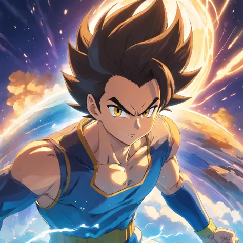 uma arte perfeita de Vegeta como Super Sayajin, cabelos e olhos amarelos, envolto em energias e raios amarelos, sarcastic expression, well-defined muscles, Sombras realistas, incredible details, olhos perfeitos, perfect hands, corpo inteiro, sem camisa, Da...