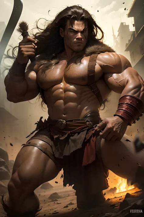 Conan, the Barbarian, cabelos longos negros, olhar selvagem, athletic physique, vestido com uma tanga feita de pele de urso, mantida por um cinto ornado de metal, in his hands an axe and a sword, pose distinta pronto para travar a sua maior batalha contra ...