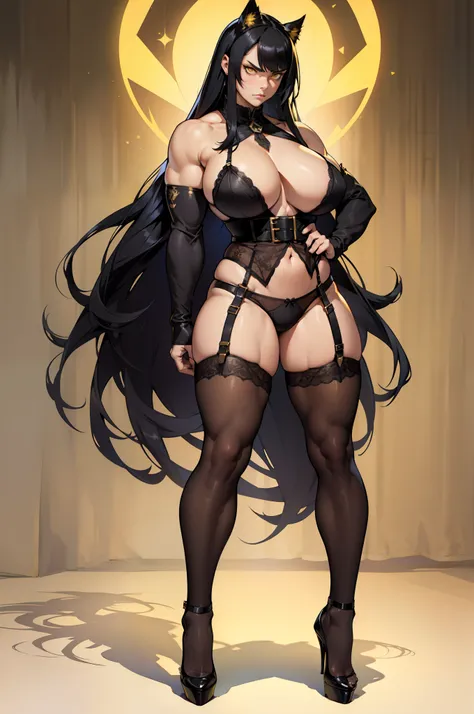 solo, 1 girl, ((full body)), very long hair, black hair, angry, yellow eyes, (((muscular))), ((huge tits)), (thick thighs)), ((wide hips)), pale skin, (lingerie, stocking, garter belt, high heels)