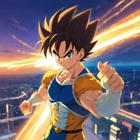 uma arte perfeita de Vegeta como Super Sayajin, cabelos e olhos amarelos, envolto em energias e raios amarelos, expression serious, well-defined muscles, Sombras realista, incredible details, olhos perfeitos, perfect hands, corpo inteiro, roupa azul, Dark ...