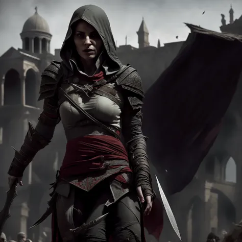 sexy, female  (bloody scars:0.7), looking up, solo, (full body:0.6), detailed background, Alexandria, medieval middle-eastern crusades templar theme, determined expression, assassins creed, hired assassin,  black elaborate  assassin clothes,    small knive...