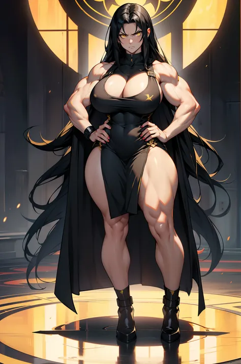 solo, 1 girl, ((full body)), very long hair, black hair, angry, yellow eyes, (((muscular))), ((huge tits)), (thick thighs)), ((wide hips)), pale skin, (tight dress)