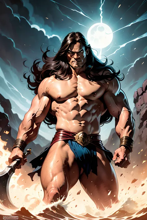 Conan, the Barbarian, cabelos longos negros, olhar selvagem, Athletic Physique, vestido com uma tanga feita de pele de urso, mantida por um cinto ornado de metal, in his hands an axe and a sword, pose distinta pronto para travar a sua maior batalha contra ...