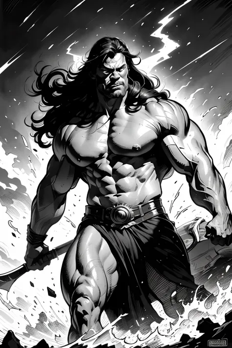 Conan, the Barbarian, cabelos longos negros, olhar selvagem, Athletic Physique, vestido com uma tanga feita de pele de urso, mantida por um cinto ornado de metal, in his hands an axe and a sword, pose distinta pronto para travar a sua maior batalha contra ...