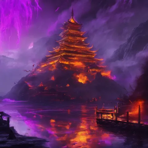 In heavy rain，（（A huge castle complex of ancient square-topped stones burning in the fire））The picture quality is excellent，Lightning，Yellow light fog，电影灯光，Natural, realistic colors，Full composition，The style refers to Van Gogh，Subject content，Burning wood...