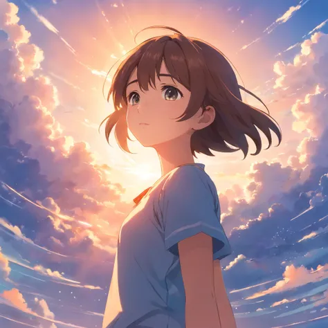 masterpiece, best quality, movie still, 1girl, cloud girl, floating in the sky, close-up, bright, happy, warm soft lighting, sunset, (sparks:0.7)