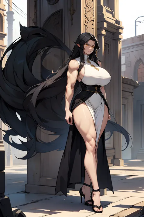 solo, 1 girl, ((full body)), very long hair, black hair, angry, yellow eyes, (((muscular))), ((huge tits)), (thick thighs)), ((wide hips)), pale skin, (long dress)