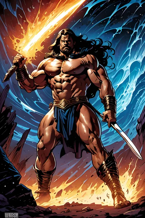 Conan, the Barbarian, cabelos longos negros, olhar selvagem, Athletic Physique, vestido com uma tanga feita de pele de urso, mantida por um cinto ornado de metal, in his hands an axe and a sword, pose distinta pronto para travar a sua maior batalha contra ...