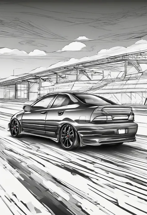 ((best quality)), ((ultradetailed)), ((masterpiece)), illustration,
Rainy night, honda civic, 2005 model 4 door, matte black color, low profile wheels, big black rim, highway, chase from behind, dark shadow, imposing bodywork, expansive expressway, toll bo...