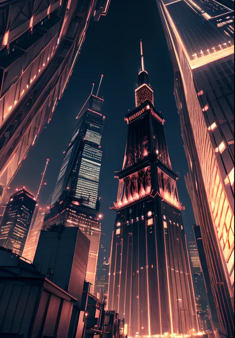 The ultra-detailliert, hight resolution, The ultra-detailliert, top-quality, astonishing, top-quality, Highly detailed CG Unity 8K wallpapers, Angle from below、Stirring composition、nighttime scene、Cinematic lighting, cyberpunked、Background is Tokyo Tower a...