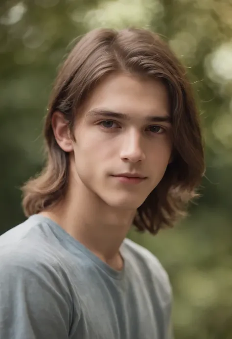 14-year-old boy with long brown hair with a thin face and height of 1,61 m