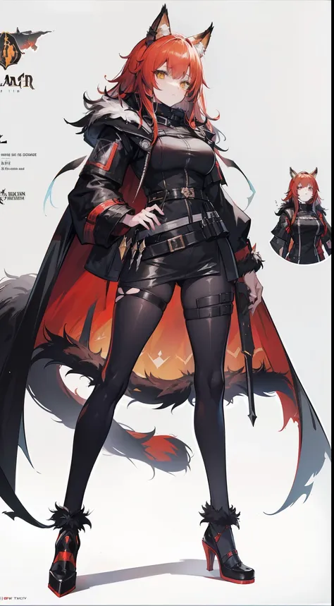 very high stature, (maine coon cat ears:1.3), (maine coon|big fur cat tail:1.3), cocky expression, paired daggers in hand, fighting stance, brigand, black leggings, holsters, belts, cape, (red hair with black curls:1.2), concept art style, create a concept...