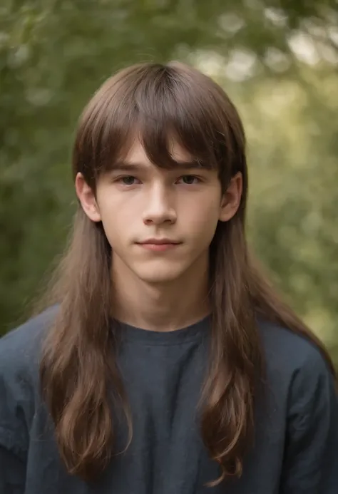 14-year-old boy with long hair and brown bangs with a thin face and height of 1,61 m