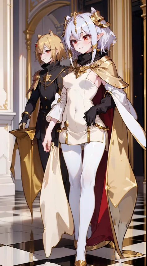 1girl,20 years,solo,happy,white and golden short dress,medium tits,golden hair,short hair,red eyes,elves ears,white pantyhose,golde tiara,Detailed ,gold high heels,Luxurious Gold Decoration,(((long cape))),(((walking on a room inside a castle)))