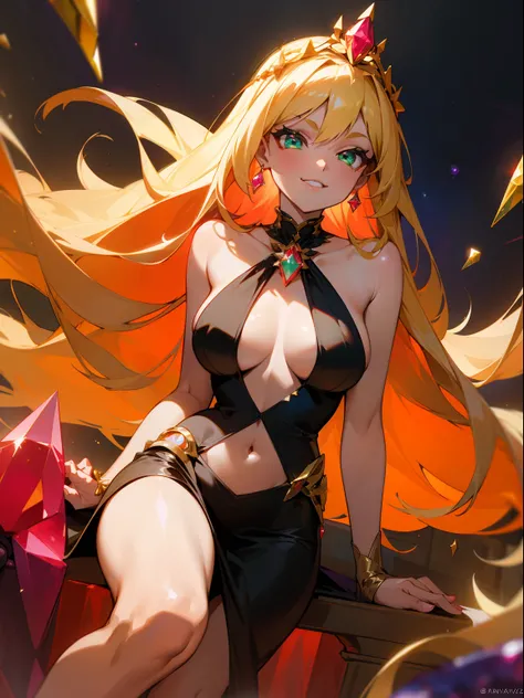 ​masterpiece,top-quality,Fantasia,Shining Star Space,Cave of Gems,(Blonde woman sitting on crystal),Colossal tits,Green eyes,(Luxurious tiara with red gemstones,Navel Ejection、Gorgeous sexy black dress woman,Red Gemstone Brooch,Gold decoration),Black and g...