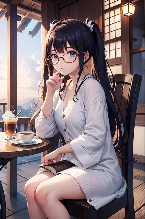 （top-quality）、Girl drinking coffee on café terrace in early morning、poneyTail、eye glass、Holding the coffee cup with both hands、Relax and sit in a chair、Angle from diagonally forward、Remote location、There is a cake and a half-read book on the table、（White c...