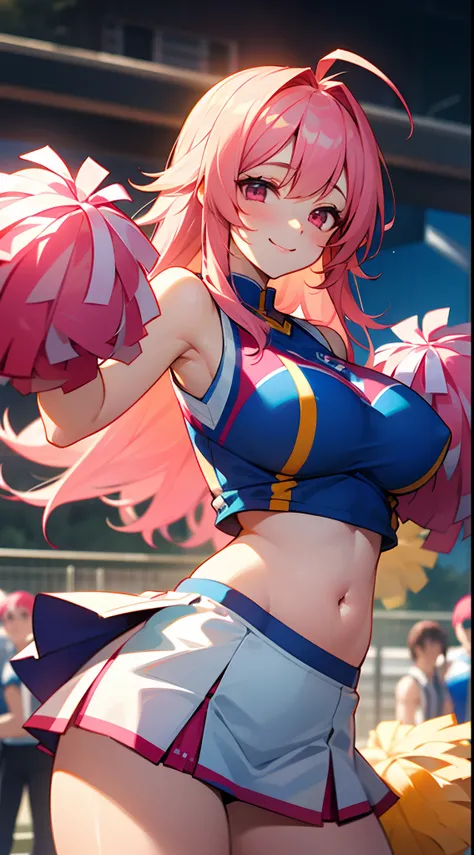 1 girl, game CG, cheerleaders sleeveless blue shirt, belly button visible, cheerleaders short skirt, hair ribbon, gigantic breasts, pink hair, long hair, straight hair, ahoge, pink eyes, outdoors, smile,