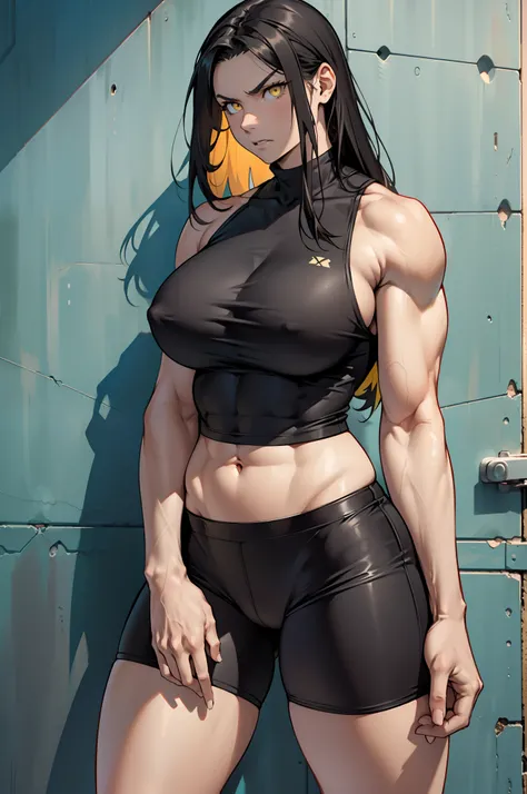 solo, ((1 girl)), very long hair, black hair, angry, yellow eyes, ((((muscular)))), ((huge tits)), ((thick thighs)), ((wide hips)), (cowboy shot), pale skin, tank top, bike shorts, standing, toned body, against wall