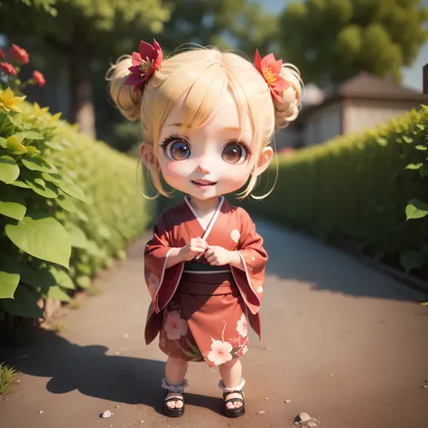 Cute Baby Chibi Anime、(((chibi 3d))) (Best Quality), (masutepiece)、Chibi Kimono、(higanbana:1.2)、Lycoris radiata、Open your mouth and smile、A detailed face、a small face、Standing in the background is Lycoris radiatas Garden