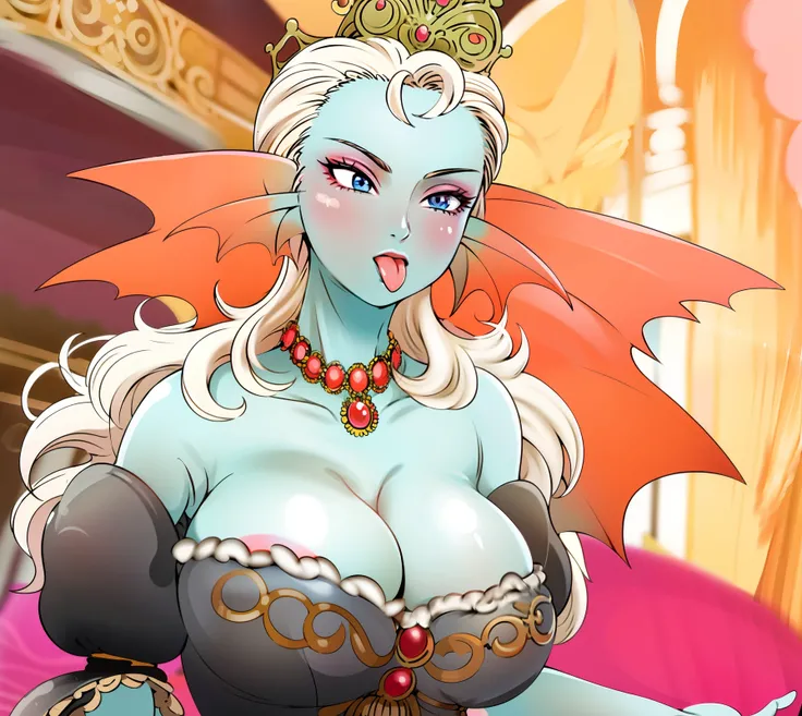 8K,High quality,Anime,married woman,Beautiful,clean,Bright,highlight in eyes,Sexy,ultra gigantic tits,oversized tits,Erotic,,beautiful line art. Blue skin, Blue and orange gradient ear fins, Tongue out, sexy expression, royal background, Black Dress,8K,Hig...