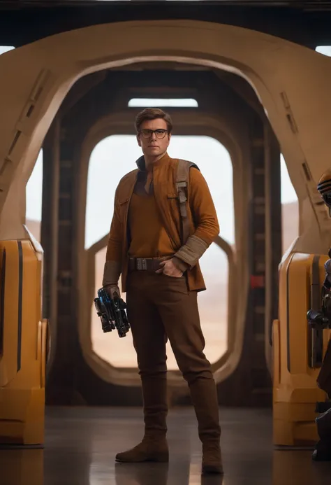 1man, star wars, Engineer, arm prosthetic, full body shot, glasses, short brown hair, 4k