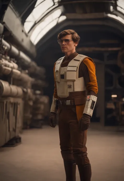 1man, star wars, Engineer, arm prosthetic, full body shot, glasses, short brown hair, 4k