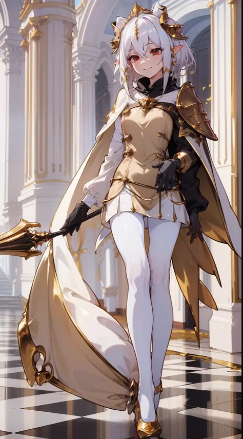 1girl,20 years,solo,happy,white and golden short dress,medium tits,white hair,short hair,red eyes,elves ears,white pantyhose,golde tiara,Detailed ,gold high heels,Luxurious Gold Decoration,(((long cape))),(((walking on a room inside a castle)))